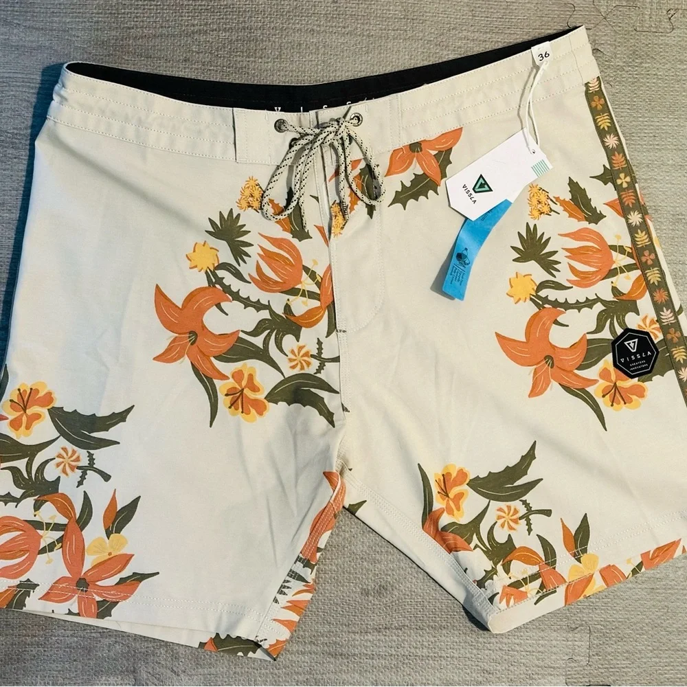 VISSLA Cream and Orange Board Shorts Tropical Swimwear